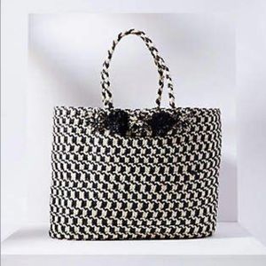 LOFT NWT Straw Pom Pom Houndstooth Tote